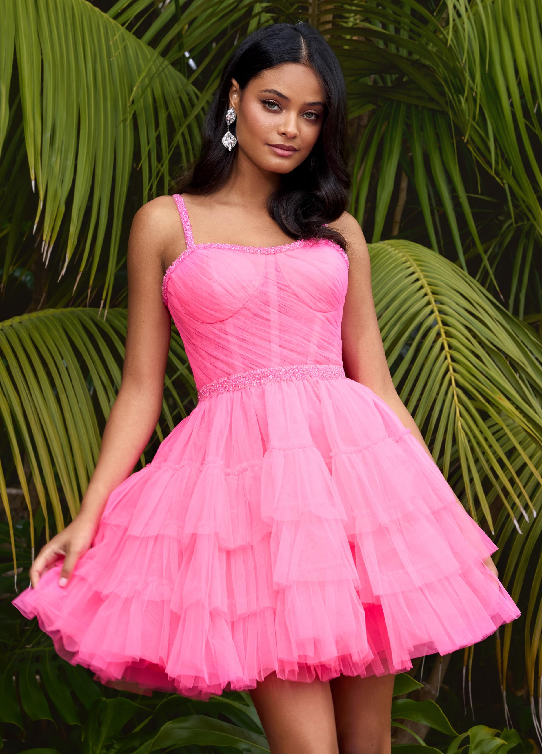 Editorial, Close Up. ASHLEYlauren 4777 Pink Cocktail Dress with Beaded Accents, Corset Bustier, and Tulle Tiered Skirt