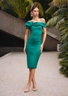 Emarald ASHLEYlauren 4735 Elegant Off Shoulder Satin Dress with Ruffled Neckline, Beaded Waist Detail, and Fitted Mid-Length Skirt