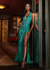 Emerald ASHLEYlauren 11670 Intricately Beaded Gown with Deep V-Neckline, Sheer Side Cut Outs, Open V-Back, and Left Leg Slit