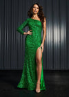 Editorial - Emerald ASHLEYlauren 1977 fitted hand-beaded dress featuring a one shoulder long sleeve, left leg slit, and a horsehair hem for an elegant and sophisticated look.