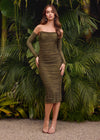 Editorial Front Olive ASHLEYlauren 4737 strapless cocktail dress featuring a fitted mid-length skirt, detachable sleeves, and press-on heat set stones for a versatile and glamorous look.