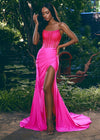 Hot Pink ASHLEYlauren 11690 Glamorous Strapless Gown with Exposed Corset Boning Encrusted in Press On Stones, Ruched Skirt, and Left Leg Slit
