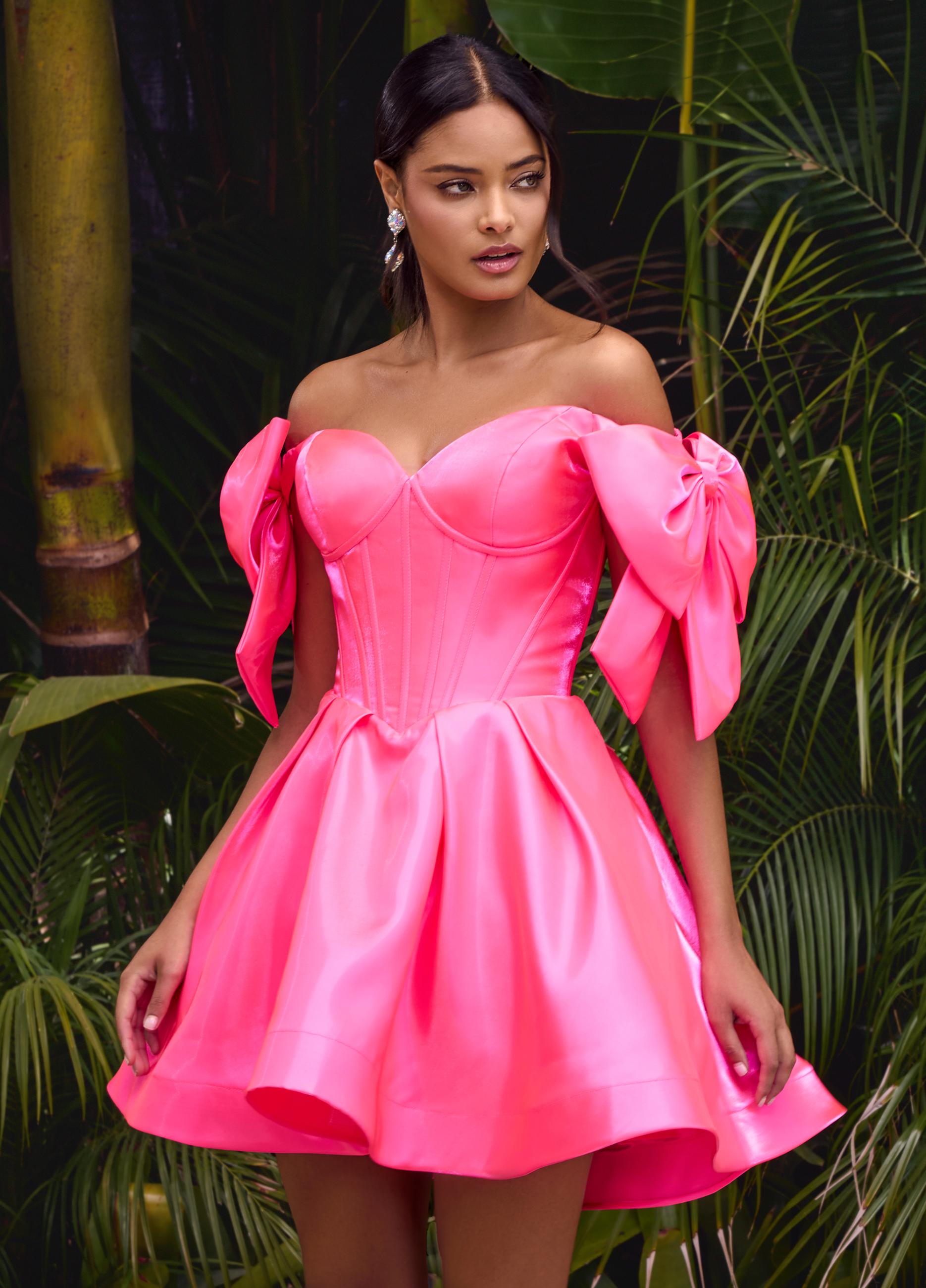 Hot Pink ASHLEYlauren 4788 satin cocktail dress featuring a sweetheart neckline, off shoulder bow details, corset bustier, and a full A-line skirt for a dainty, elegant, and timeless look.