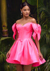 Hot Pink ASHLEYlauren 4788 satin cocktail dress featuring a sweetheart neckline, off shoulder bow details, corset bustier, and a full A-line skirt for a dainty, elegant, and timeless look.