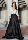 Ivory/Black ASHLEYlauren 11326 Elegant Phantom Satin Ball Gown with V-Neckline, Wrap Lapel Detail, Buckled Waist Belt, Full Skirt, and Hidden Pockets