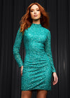 Jade ASHLEYlauren 4252 fully beaded cocktail dress featuring long sleeves, a modern high neckline, fitted silhouette, and a sexy open back for a striking evening look.