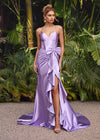 Lilac ASHLEYlauren 11638 Edgy Shimmer Jersey Gown with Spaghetti Straps, Structured Corset Bustier, Statement Bow and Ruffle Accent, and Lace Up Back