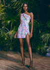 Editorial Multi ASHLEYlauren 4683 fully beaded cocktail dress featuring a one shoulder neckline, intricate colorful bead pattern, cut out detail, fitted silhouette, and a left leg slit for a bold and glamorous look.