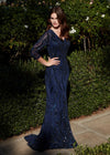 Navy ASHLEYlauren 11205 Sophisticated Fitted Gown with V-Neckline, Fully Sequin Beaded Design, Three Quarter Sleeves, High Back, and Sweep Train