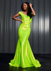 Neon Green ASHLEYlauren 11109 Off-Shoulder Sequin Gown with Sweetheart Neckline, Full Zipper Back, Mermaid Silhouette, and Horsehair Hem