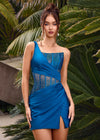 Editorial Peacock ASHLEYlauren 4691 one shoulder cocktail dress featuring a fully beaded corset bustier with press-on stones, a wrap skirt, and a left leg slit for an elegant and glamorous look.