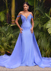 Periwinkle ASHLEYlauren 11767 Fully Beaded Gown with Sweetheart Neckline, Beaded Off Shoulder Bow Straps, and Flowing Organza Overskirt for a Regal Look