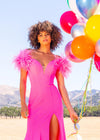 Editorial Pink ASHLEYlauren 11101 Off-Shoulder Scuba Gown with Sweetheart Neckline, Feather Accents, and Left Leg Slit