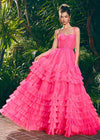 Pink ASHLEYlauren 11603 Spaghetti Strap Tulle Ball Gown with Tiered Skirt, Beaded Waist and Strap Accents, and Corset Bustier
