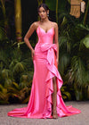 Pink ASHLEYlauren 11638 Edgy Shimmer Jersey Gown with Spaghetti Straps, Structured Corset Bustier, Statement Bow and Ruffle Accent, and Lace Up Back