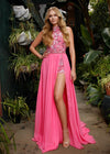 Editorial Pink ASHLEYlauren 13354 hand-beaded romper featuring an intricate floral motif, halter neckline, beaded belt, and a detachable chiffon overskirt for a glamorous and versatile look.