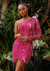 Pink ASHLEYlauren 4563 one shoulder cocktail dress featuring an intricate bead pattern, scattered fringe details, and a unique zigzag hemline for a bold and glamorous look.