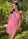 Editorial Pink ASHLEYlauren 4754 fully hand-beaded cocktail dress featuring a one shoulder neckline, asymmetrical cut out, open back, fitted skirt, and a left leg slit for a bold and glamorous look.