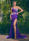 Purple ASHLEYlauren 11617 Elegant One Shoulder Jersey Gown with Glamorous Beaded Corset Bustier, Ruched Hip Detail, and Left Leg Slit