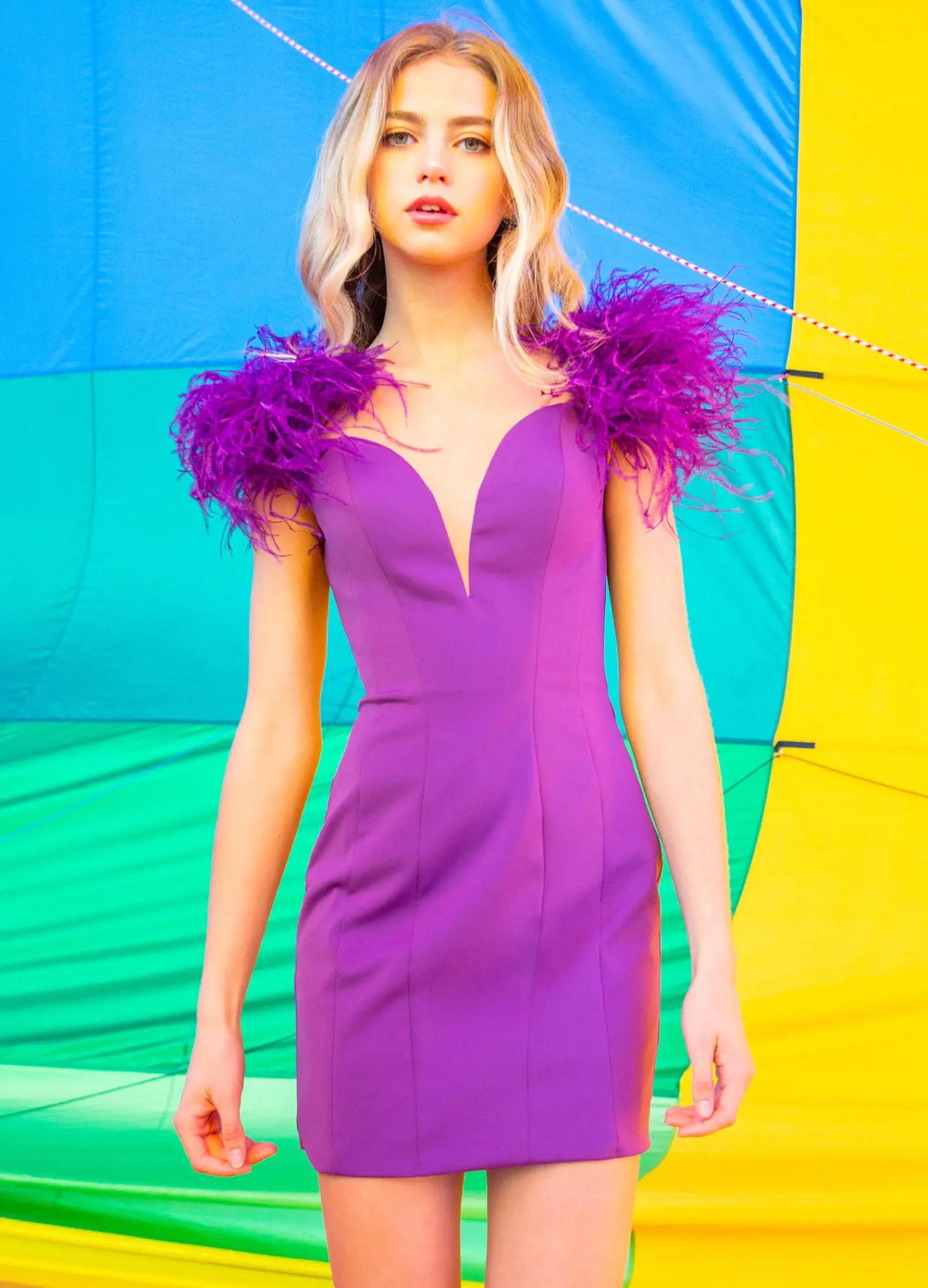 Editorial, Purple ASHLEYlauren 4523 off shoulder scuba cocktail dress featuring a sweetheart neckline, feather details, and signature contour seaming for a flattering and elegant silhouette.