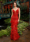 Editorial Red ASHLEYlauren 11279 fitted gown featuring a deep illusion V-neckline, fully hand-beaded design, and feather accents throughout the skirt.