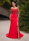 Editorial Red ASHLEYlauren 11664 fitted jersey gown featuring a fully beaded corset bustier, spaghetti straps, lace-up back, ruched waist detailing, and a left leg slit for a sleek and glamorous look.