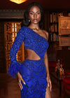 Royal ASHLEYlauren 11649 One Shoulder Fully Beaded Gown with Intricate Beading, Side Cut Out, Feather Cuff Detail, Left Leg Slit, and Sweep Train