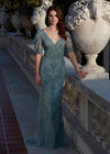 Sage ASHLEYlauren 11234 Elegant Fully Beaded Gown with V-Neckline, Wrap Style Bustier, and Sheer Ruffled Puff Mesh Sleeves