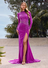 Violet ASHLEYlauren 11742 glamorous evening gown featuring a mesh high neckline, ruched waistline, press-on stone embellishments, left leg slit, and a sweep train for an elegant and sophisticated look.