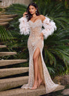 Editorial White ASHLEYlauren 11359 fully beaded fitted gown featuring an off-shoulder sweetheart neckline, feather sleeves, and a left leg slit for added glamour.