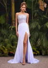 White ASHLEYlauren 11690 Glamorous Strapless Gown with Exposed Corset Boning Encrusted in Press On Stones, Ruched Skirt, and Left Leg Slit