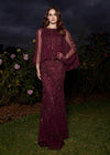 Wine ASHLEYlauren 11214 Timeless Hand Beaded Gown with Crew Neckline, Sparkling Sequin Motif, Sheer Overlay, and High Back for an Elegant Look