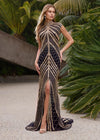 ASHLEYlauren 1674 black and gold fully beaded gown with high neck, cap sleeves, centre slit, and geometric detailing