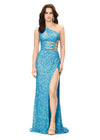 Electric Blue ASHLEYlauren 11288 stunning one shoulder fully hand-beaded gown featuring modern cut outs, criss cross waist straps, a left leg slit, and a sweep train for a bold and statement-making entrance.