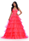 Electric Coral ASHLEYlauren 11622 Tulle Ball Gown with Sweetheart Neckline, Ruched Bustier, Spaghetti Straps, and Tiered Tulle Skirt