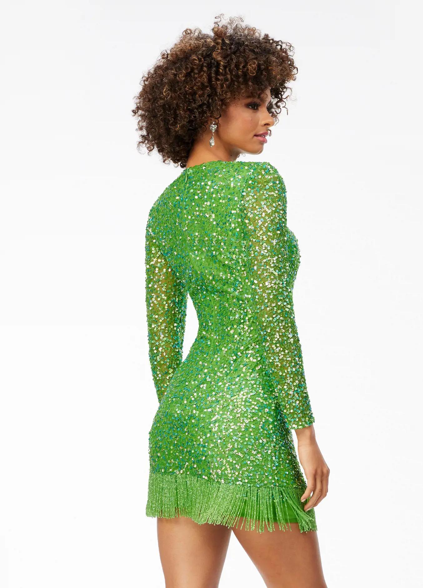 Back - ASHLEYlauren 4438 – A sassy and classy fully hand-beaded long sleeve cocktail dress featuring a fitted skirt with fringe detail along the left leg slit and hemline. Perfect for making a bold, elegant statement at any event.