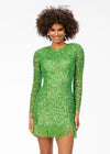 ASHLEYlauren 4438 – A sassy and classy fully hand-beaded long sleeve cocktail dress featuring a fitted skirt with fringe detail along the left leg slit and hemline. Perfect for making a bold, elegant statement at any event.