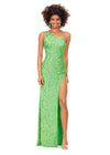 Electric Lime ASHLEYlauren 11285 One Shoulder Sequin Gown with Adjustable Straps, Keyhole Back Cut Out, Fully Hand Beaded Design, and Left Leg Slit
