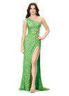 Electric Lime ASHLEYlauren 11288 stunning one shoulder fully hand-beaded gown featuring modern cut outs, criss cross waist straps, a left leg slit, and a sweep train for a bold and statement-making entrance.