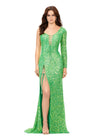 Electric Lime ASHLEYlauren 11291 fully hand-beaded gown featuring a one sleeve design, sweetheart neckline, adjustable lace-up bustier, right leg slit, and a sweep train for an elegant and sophisticated look.
