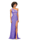 Electric Orchid ASHLEYlauren 11288 stunning one shoulder fully hand-beaded gown featuring modern cut outs, criss cross waist straps, a left leg slit, and a sweep train for a bold and statement-making entrance.