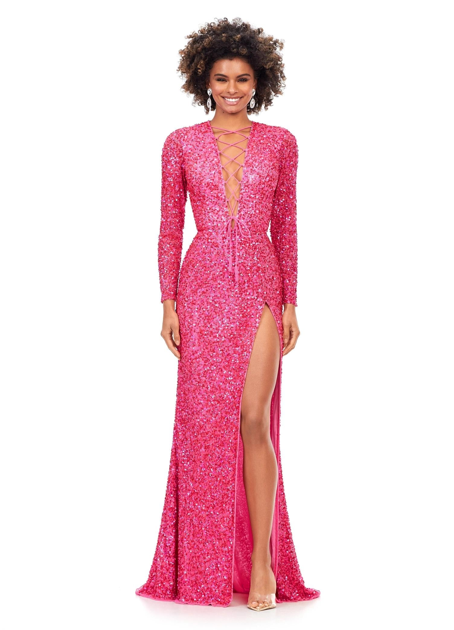 Electric Pink ASHLEYlauren 11241 Fully Sequin Fitted Gown with Lace-Up Bustier, Long Sleeves, and Left Leg Slit