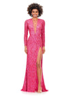 Electric Pink ASHLEYlauren 11241 Fully Sequin Fitted Gown with Lace-Up Bustier, Long Sleeves, and Left Leg Slit