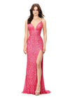 Electric WatermelonASHLEYlauren 11037 fully hand-beaded gown featuring adjustable spaghetti straps, a V-neckline, wide waistband to accentuate curves, lace-up back, and a left leg slit for an elegant and figure-enhancing look.