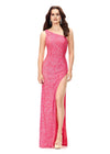 Electric Watermelon ASHLEYlauren 11285 One Shoulder Sequin Gown with Adjustable Straps, Keyhole Back Cut Out, Fully Hand Beaded Design, and Left Leg Slit