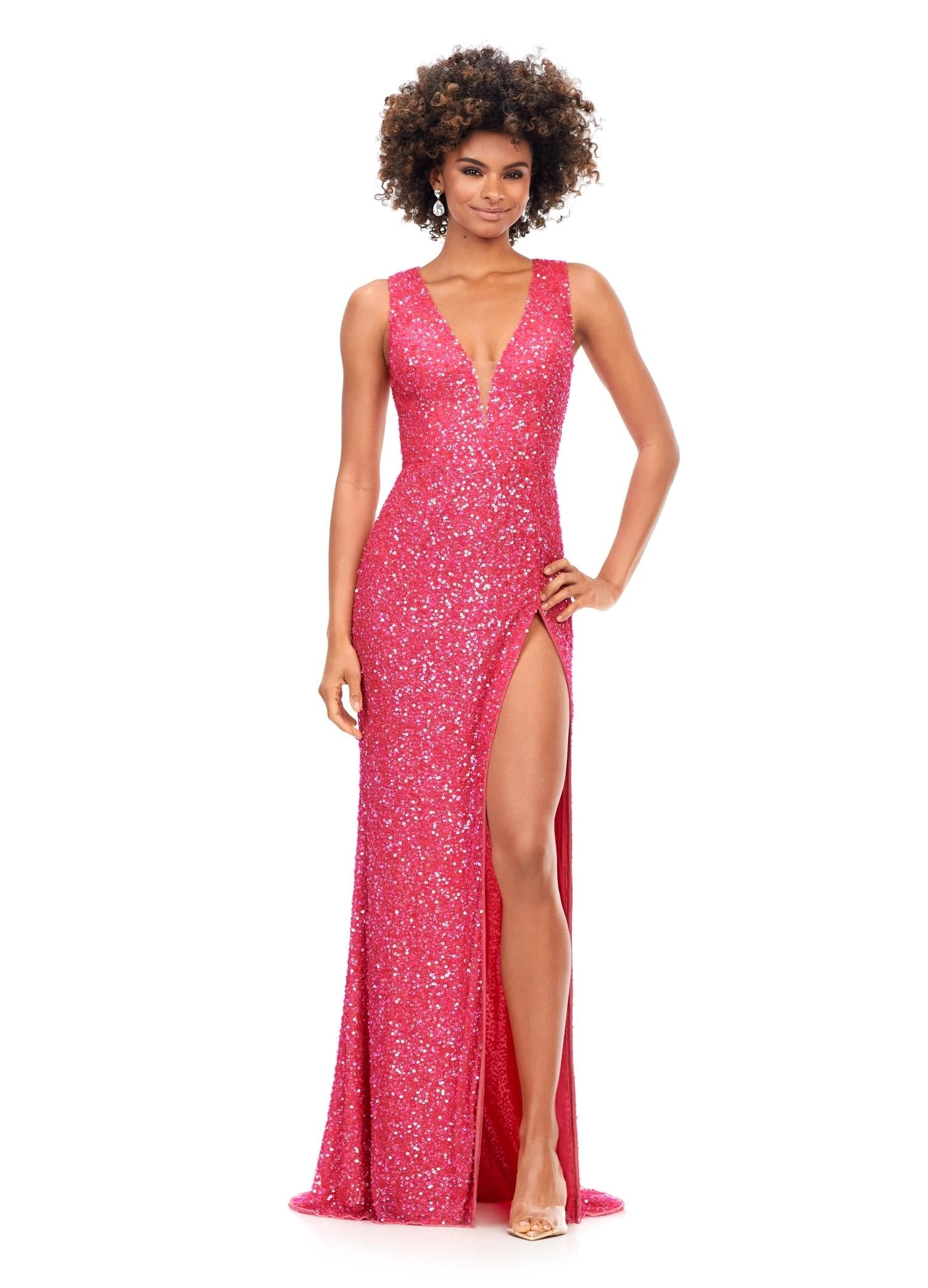 Electric Watermelon ASHLEYlauren 11373 stunning fitted gown featuring a deep V-neckline, lace-up open back, fully hand-beaded design, and a left leg slit, available in vibrant colors for a bold and head-turning look.