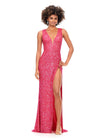 Electric Watermelon ASHLEYlauren 11373 stunning fitted gown featuring a deep V-neckline, lace-up open back, fully hand-beaded design, and a left leg slit, available in vibrant colors for a bold and head-turning look.