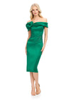 Emerald ASHLEYlauren 4735 Elegant Off Shoulder Satin Dress with Ruffled Neckline, Beaded Waist Detail, and Fitted Mid-Length Skirt