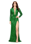 Emerald. ASHLEYlauren ASHLEYlauren 11241 Fully Sequin Fitted Gown with Lace-Up Bustier, Long Sleeves, and Left Leg Slit