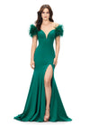 Emerald ASHLEYlauren 11101 Off-Shoulder Scuba Gown with Sweetheart Neckline, Feather Accents, and Left Leg Slit